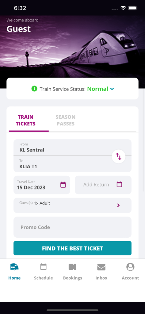 Pantalla de reserva de billetes de la app móvil KLIA Ekspres de KL Sentral a KLIA