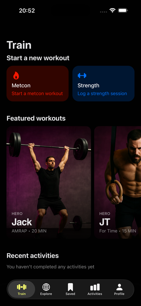 TopWOD : CrossFit Tracker - Interfaccia dell'app TopWOD che mostra la selezione dell'allenamento per Metcon e Forza con Hero WOD in primo piano