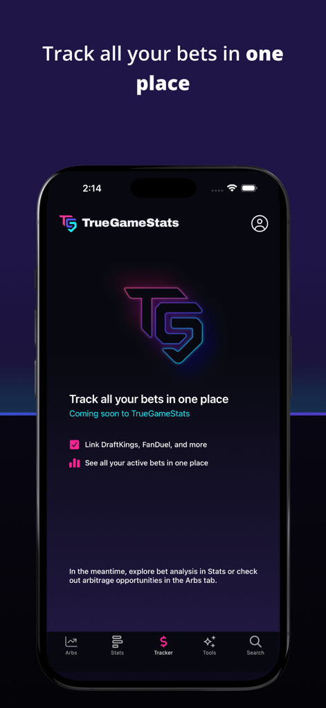 True Game Stats - True Game Stats app screen showing the centralized sports bet tracking feature for multiple sportsbooks.