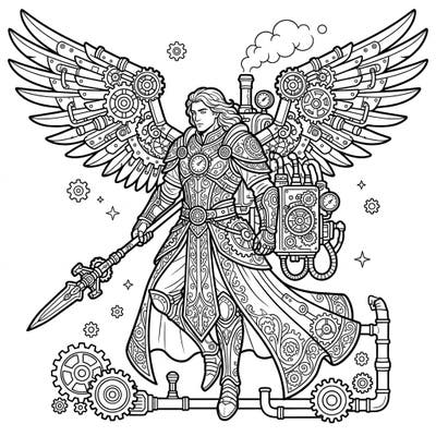 Embark on an epic coloring journey with this majestic Steampunk Archangel, a fusion of divine grace and intricate machinery. This detailed design is perfect for those who love fantasy and industrial Victorian aesthetics.