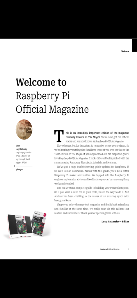 Raspberry Pi Official Magazine - Welcome page of the Raspberry Pi Official Magazine with an introduction from the editor