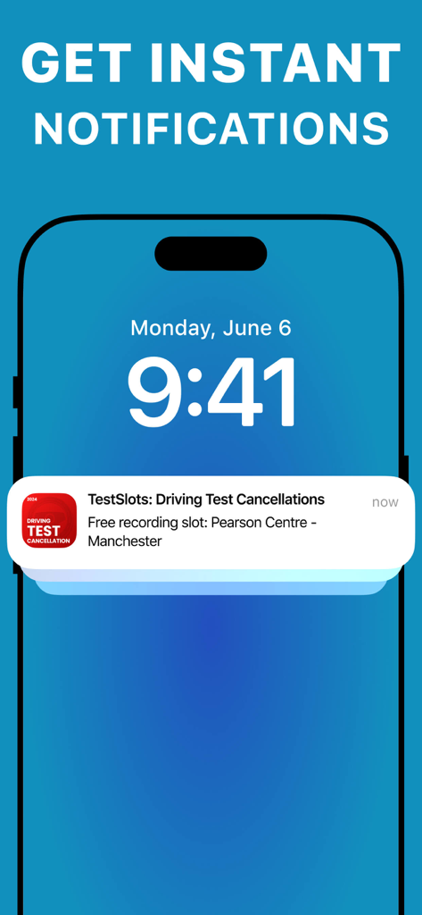 Driving Test NOW - Pantalla de bloqueo del smartphone mostrando una notificación instantánea para un espacio de cancelación de examen de conducir gratuito
