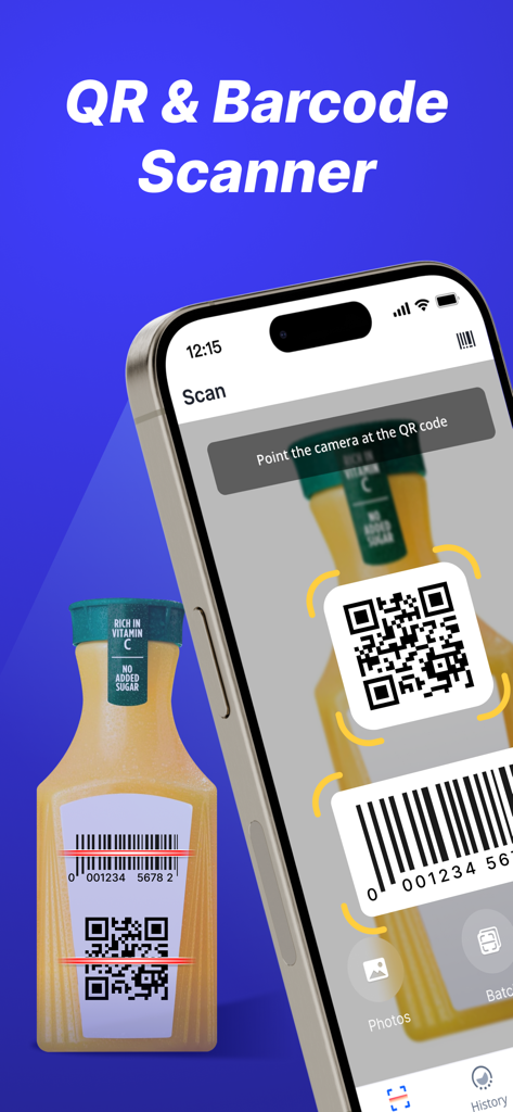 QR 코드 리더 앱이 주스 병의 바코드와 QR 코드를 모두 스캔하는 것을 보여주는 아이폰 화면
