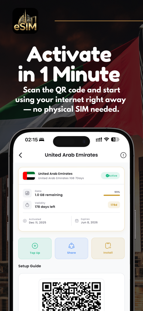 Dubai eSIM: Travel Internet - Dubai eSIM App-Bildschirm zeigt schnelle Aktivierung per QR-Code für Reisedaten in den VAE