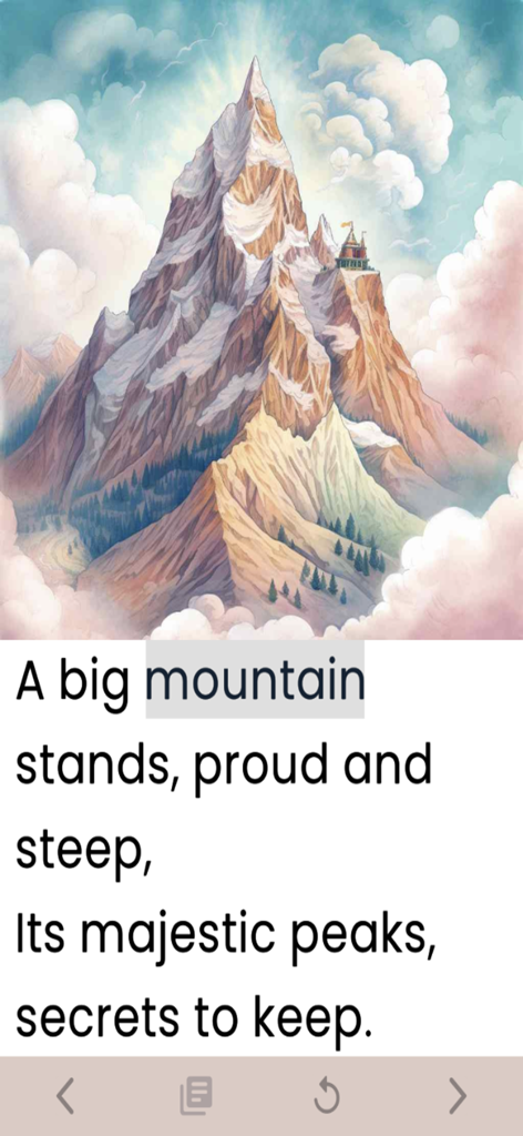 Children's Books Read Aloud - Illustration of a majestic mountain in a children's book app with highlighted text for early literacy.