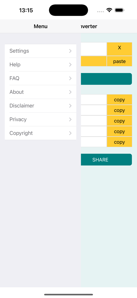 UTM RD GPS coords converter - Interface of the UTM RD GPS coordinates converter app showing the side menu and data entry screen