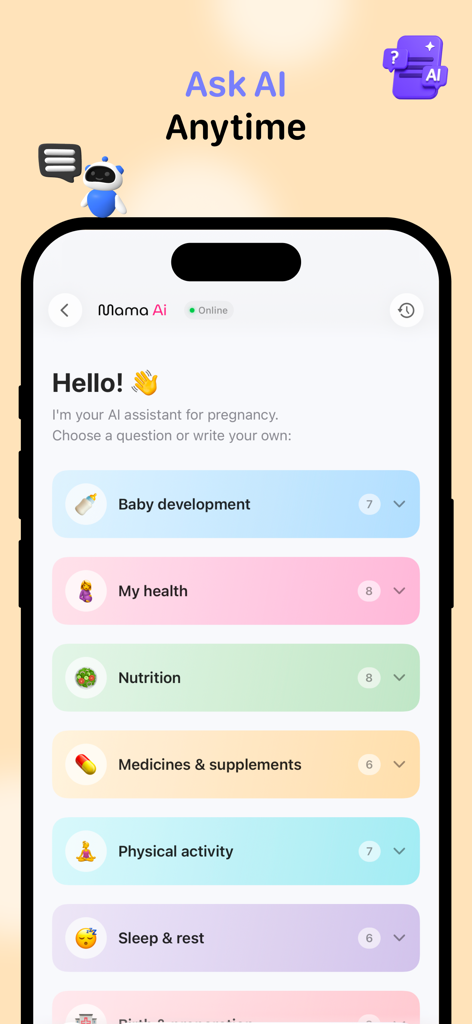 Mama Ai app interface showing AI assistant categories for pregnancy support