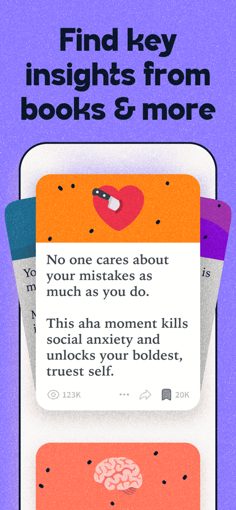 Uno screenshot dell'app Deepstash che mostra una scheda di approfondimento sulla crescita personale e l'ansia sociale con un'illustrazione di un cuore.