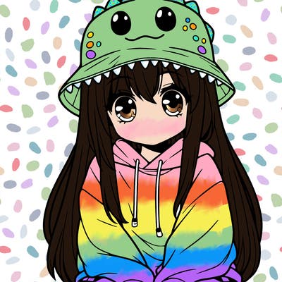 girl with anime shaped eyes with a dinosaur bucket hat oversized sweatshirt long straight hair