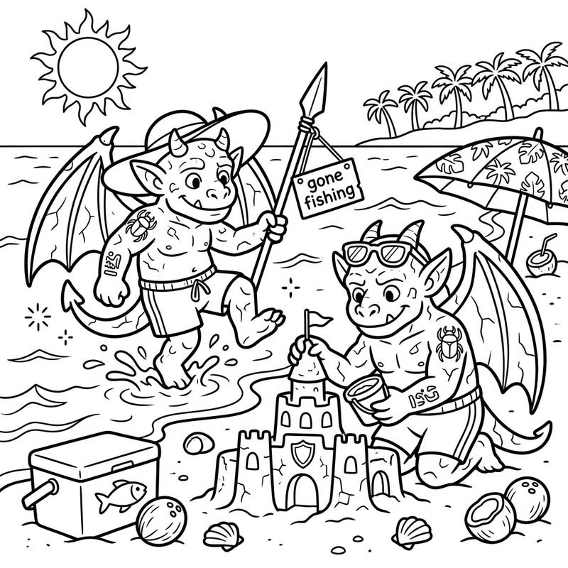 Unleash your creativity with this unique coloring page featuring two warrior gargoyles enjoying a sunny summer vacation on the beach. Watch them build sandcastles and fish, ready for your vibrant colors.