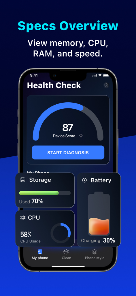 Cleaner PRO:photos cleaner - Cleaner PRO app displaying device health score and system status widgets on an iPhone.