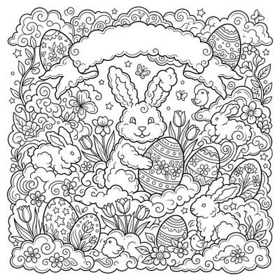 Unleash your creativity with this enchanting Easter coloring page, where playful bunnies and intricately decorated eggs emerge from swirling clouds. Designed with teens in mind, its detailed lines offer a satisfying artistic challenge.