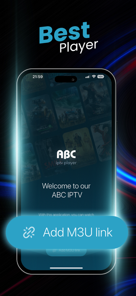 Interfaccia dell'app ABC IPTV Player su uno smartphone con il pulsante Aggiungi link M3U e il testo Miglior Lettore.