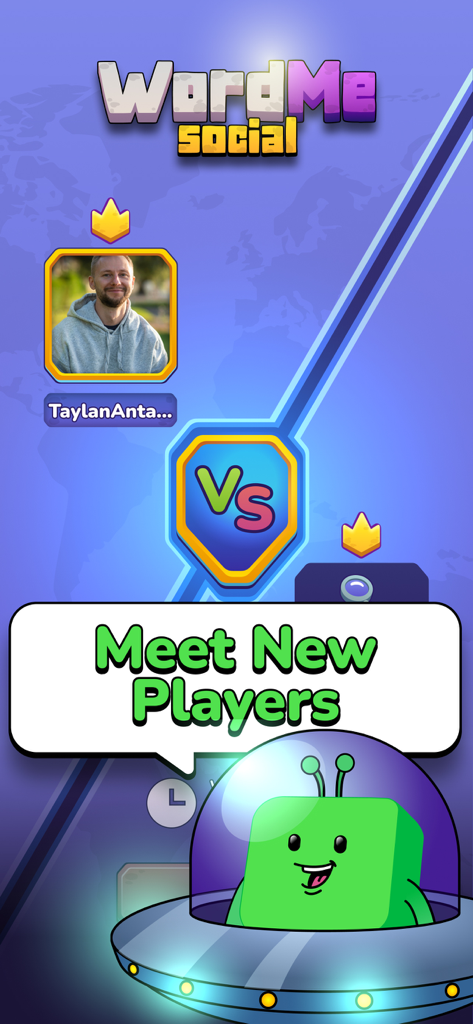 WordMe Social app screen showing a player versus matchup and the text Meet New Players