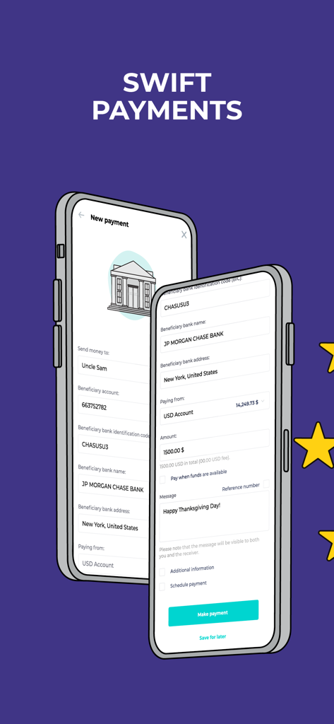 Bankera – Mobile Banking - Bankera mobile app screen showing a SWIFT payment transaction to a US bank account