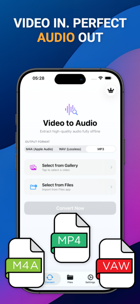 MP3、M4A、WAV形式の変換オプションを表示する「動画から音声抽出」アプリのメインインターフェース