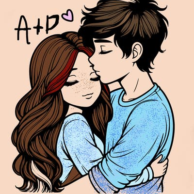 a realistic couple boy and girl hugging and kissing