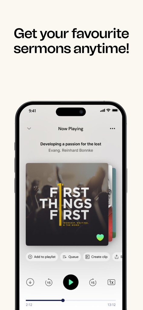 Pantalla de la aplicación Getsermons mostrando un reproductor de sermones con audio de Reinhard Bonnke y opciones para crear clips o añadir a listas de reproducción