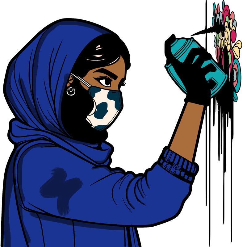 realistic girl with mask spray painting a wall