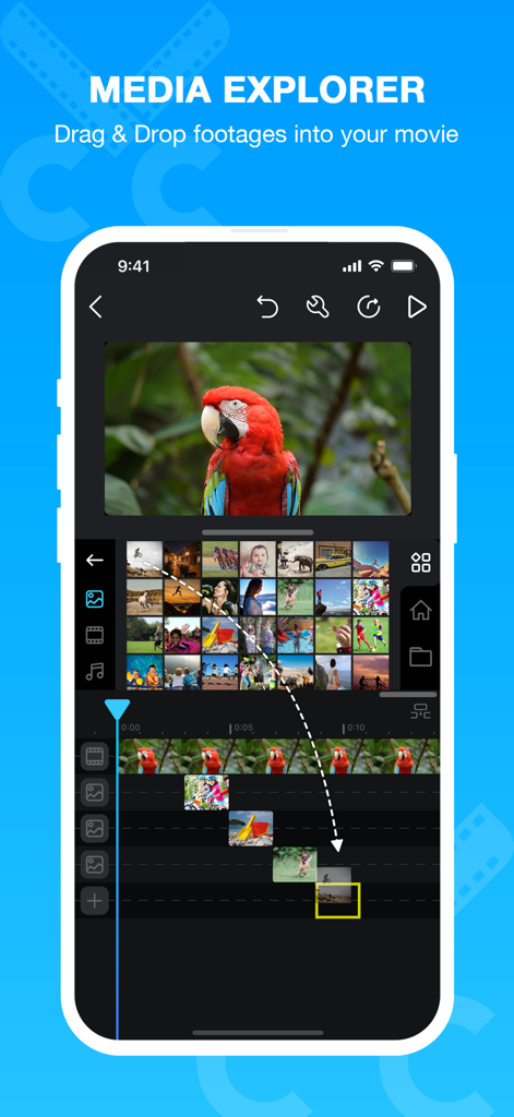 Cute CUT Pro - Cute CUT Pro app interface showing the media explorer and drag and drop video editing functionality on a smartphone