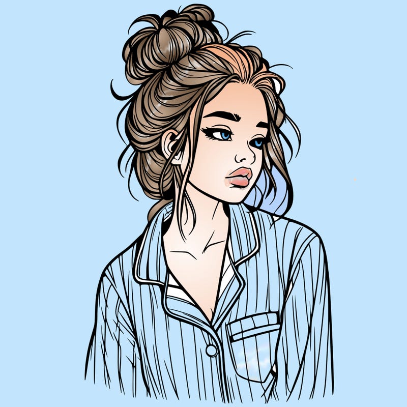 realistic woman with pajamas on and a messy bun