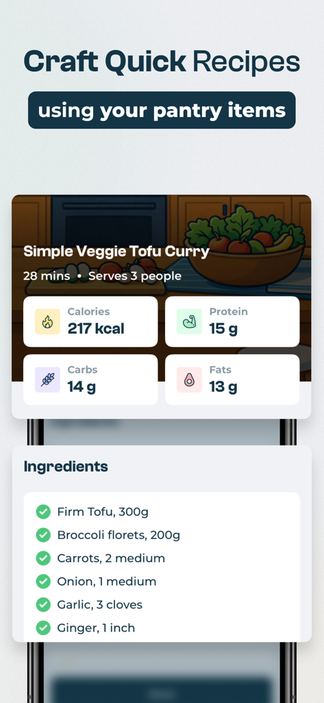 seefood - AI Food Scanner - Interface showing a healthy veggie tofu curry recipe generated from pantry ingredients with nutritional facts