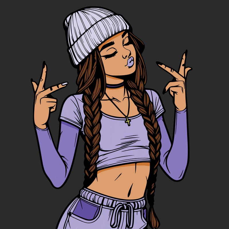 realistic teenage girl with braids and a beanie and crop top doing 🫶🏼