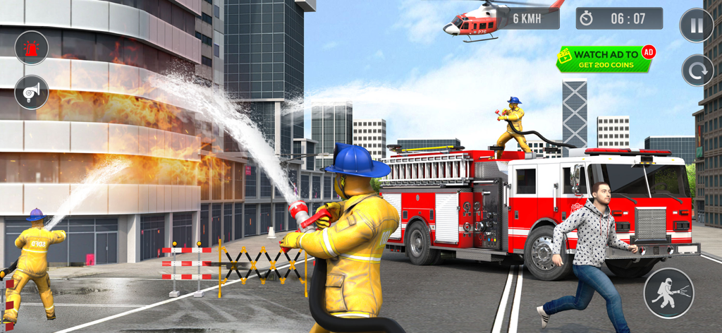 Fire Truck Driving Simulator - Firefighters using hoses to extinguish a building fire next to a red fire truck in a city environment.