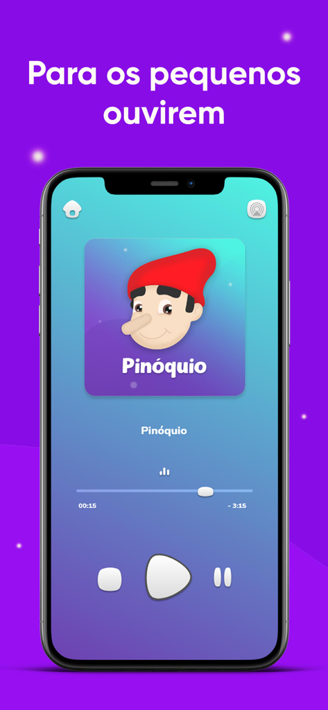 Imagina Só Histórias infantis - Interface du lecteur audio de l'application Imagina So jouant l'histoire de Pinocchio pour les enfants