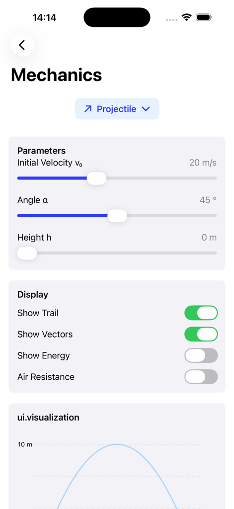 상호작용형 물리 시뮬레이터 앱 화면에 발사체 운동 역학 및 제어 기능 표시