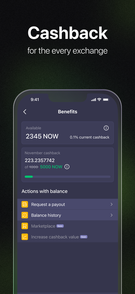 ChangeNOW mobile app interface showing the crypto cashback benefits and rewards program