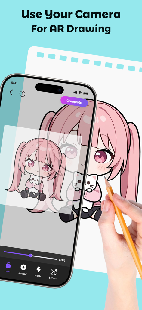 AR Drawing - Draw Sketch - Una persona usando un smartphone con la aplicación AR Drawing para trazar un personaje de anime en papel con un lápiz