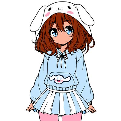 pretty anime girl wearing a fluffy hoodie with bunny ears on the hood and a skirt