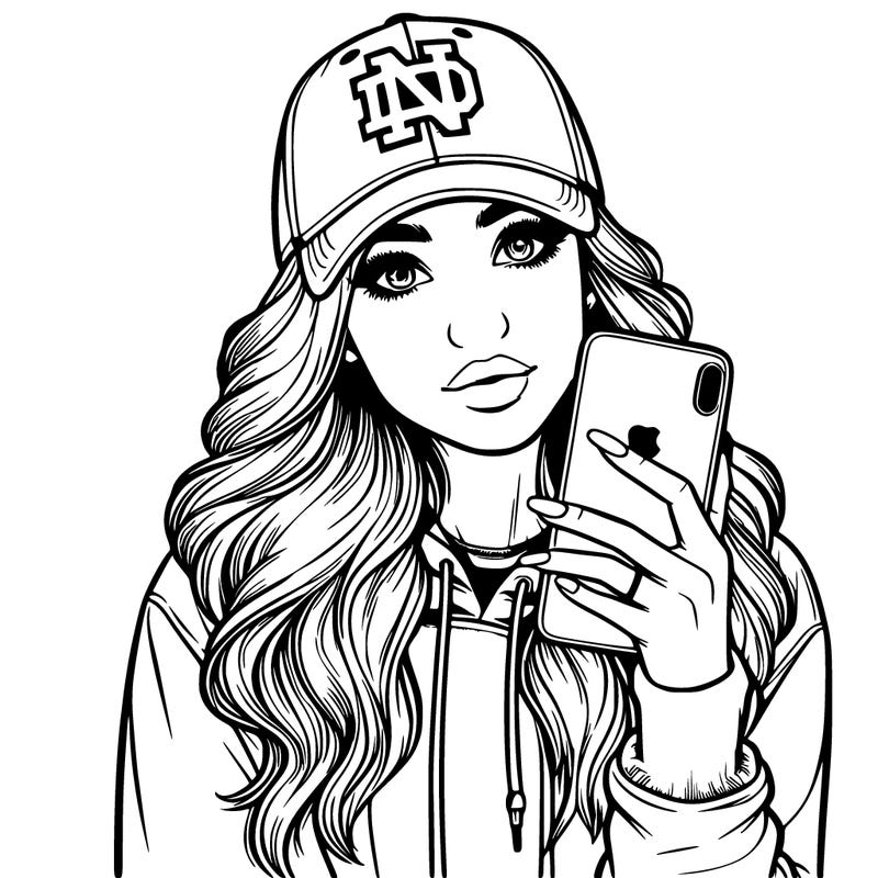 realistic girl wearing a notre dame hat holding iphone