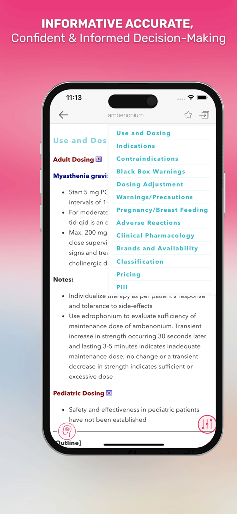 Skyscape Rx app interface showing drug dosing details and clinical navigation menu