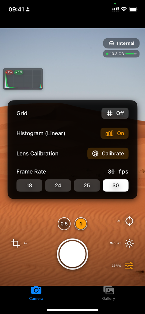 Menu de configurações de vídeo manual no aplicativo RAW Cam com controles de taxa de quadros e histograma