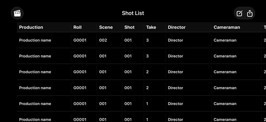 ClapperBoard - Scene Tracker - A digital shot list table in the ClapperBoard app displaying production details including roll scene shot and take numbers