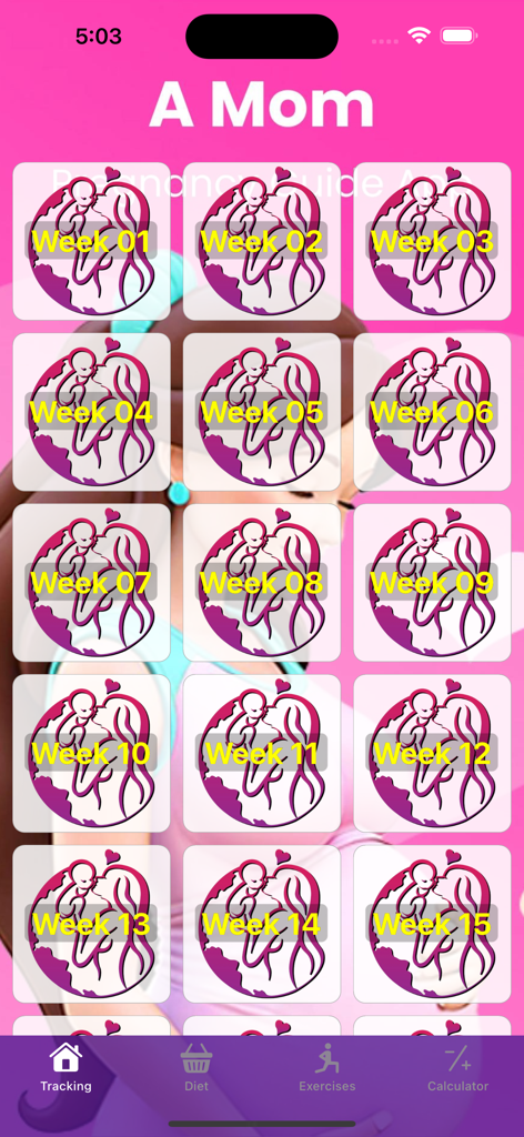 Pregnancy tracker & calculator - A mobile app interface displaying a grid of pregnancy tracking icons from week 1 to 15 with a pink background