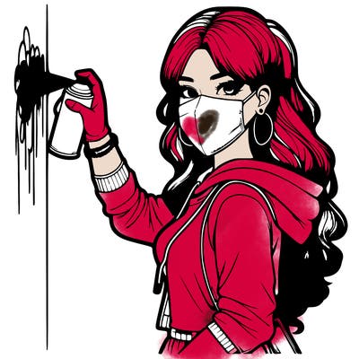 realistic girl with mask spray painting a wall