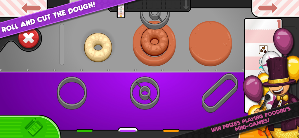 A gameplay screenshot of Papas Donuteria To Go showing the dough cutting station with various donut shapes and Foodini the character