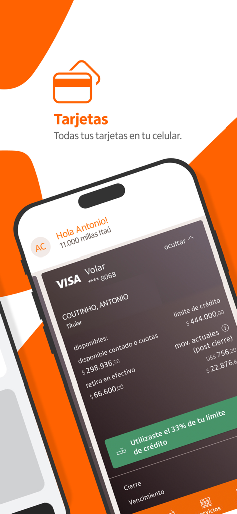 Itaú UY app screen displaying Visa credit card details and credit limit usage