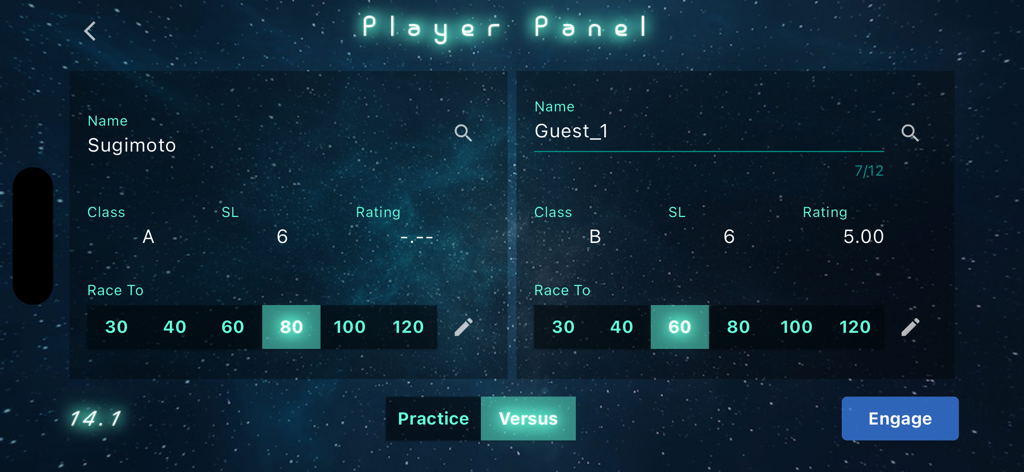 neon  cue sports score board - Player panel screen with skill levels and match settings for pool scoring