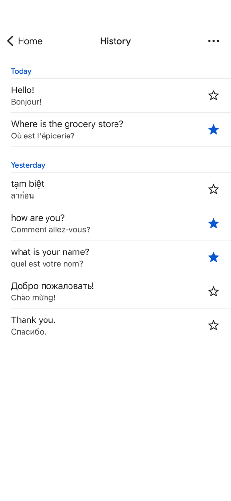 Écran d'historique de l'application Google Traduction montrant les traductions récentes et mises en favoris dans plusieurs langues