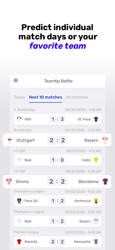 Teamtip - Your Predictor Game - Mobile app interface showing soccer match prediction lists for various European leagues