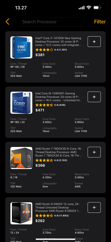 PC Builder: Part picker - Schermata di selezione del processore nell'app PC Builder che mostra CPU Intel e AMD con prezzi e specifiche tecniche