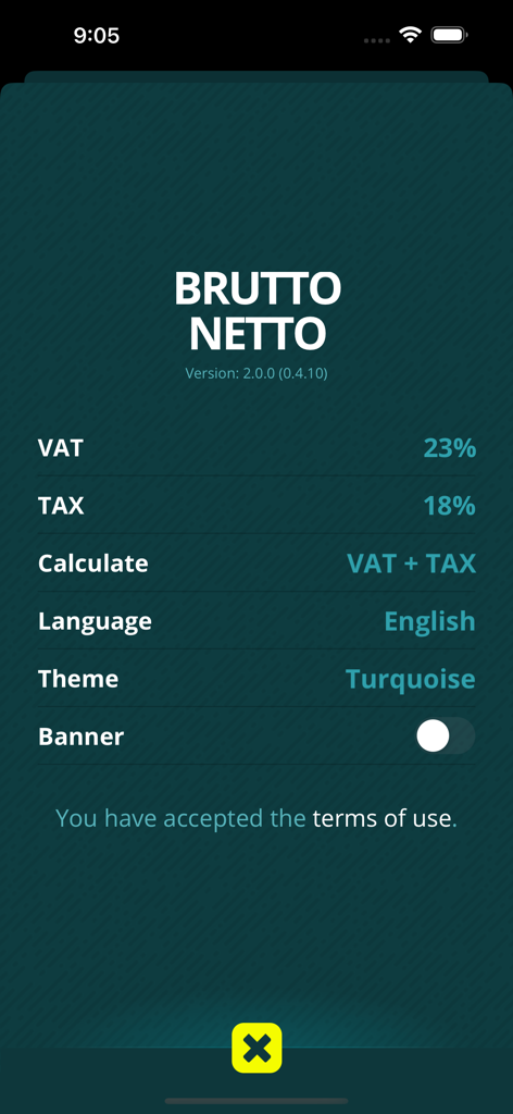 Settings screen for the Brutto Netto tax calculator app showing customizable VAT and tax rates