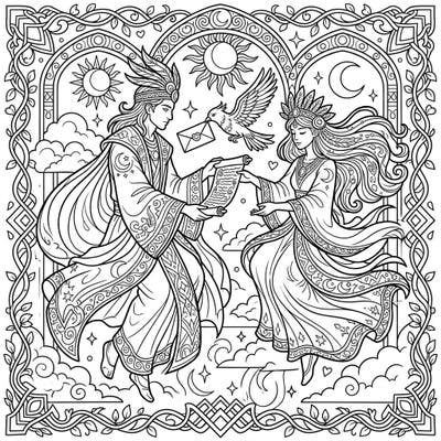 Unleash your creativity with this beautifully detailed adult coloring page, bringing to life ethereal divine messengers. Perfect for those seeking a mindful artistic escape and intricate patterns to color.