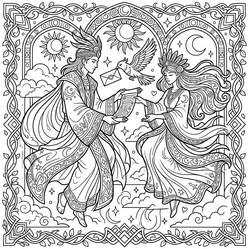 Unleash your creativity with this beautifully detailed adult coloring page, bringing to life ethereal divine messengers. Perfect for those seeking a mindful artistic escape and intricate patterns to color.