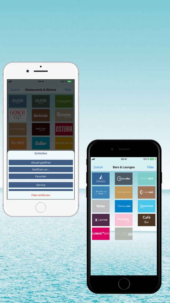 Screenshot dell'app Mein Schiff 6 Bordfinder che mostrano elenchi di ristoranti e bar su due iPhone