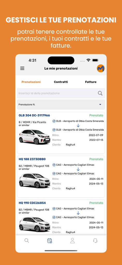 MOVENTUR - Moventur mobile app screen showing a list of active car rental bookings with vehicle details and dates